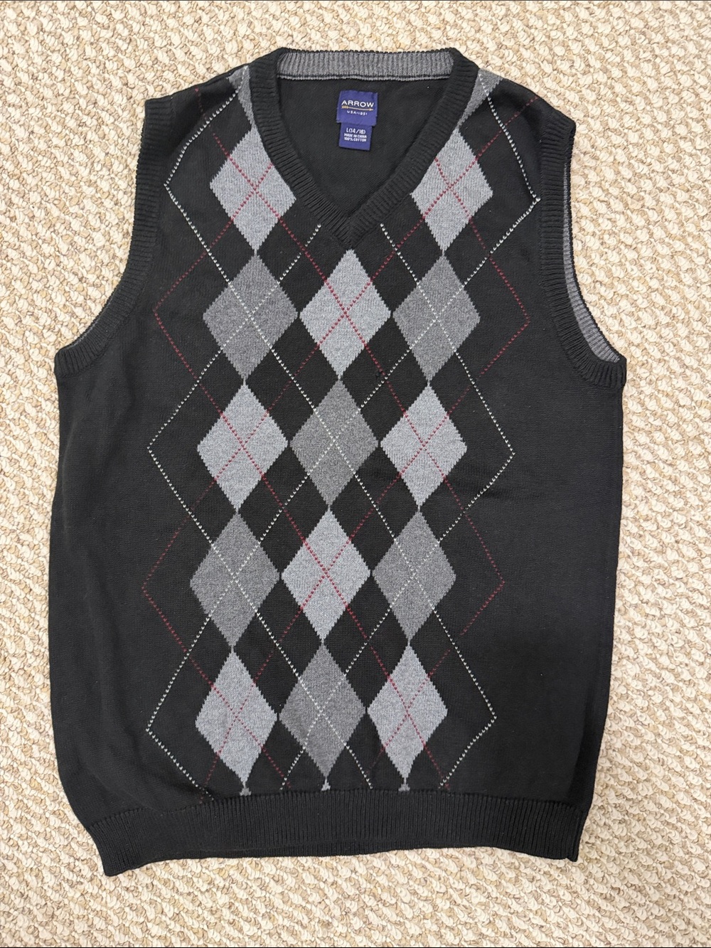 Arrow Youth Black Gray Argyle V Neck Sweater | Size L (14-16) | Church | School